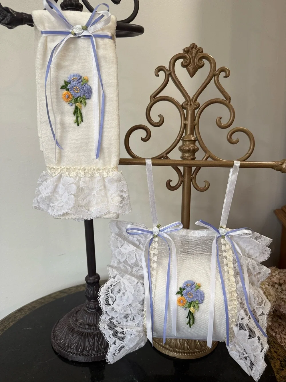 💐 Hand Crafted White Hand Towel & Spare Toilet Paper Holder with Lace Trim 💐